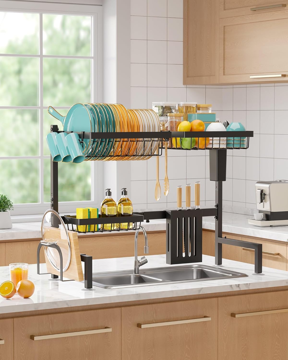 The Sink Dish Drying Rack - Adjustable 2 Tier Large Capacity Stainless Steel Drainer with Cutlery & Utensil Holders, Kitchen Storage & Organization