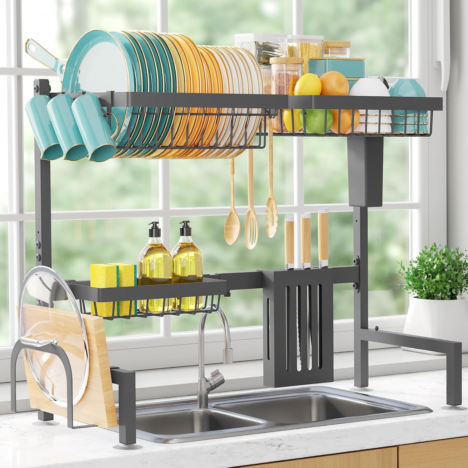 The Sink Dish Drying Rack - Adjustable 2 Tier Large Capacity Stainless Steel Drainer with Cutlery & Utensil Holders, Kitchen Storage & Organization