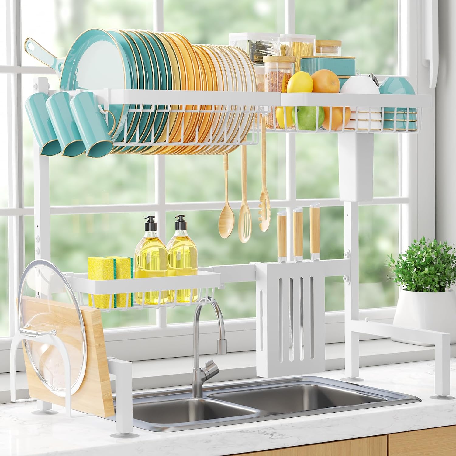 The Sink Dish Drying Rack - Adjustable 2 Tier Large Capacity Stainless Steel Drainer with Cutlery & Utensil Holders, Kitchen Storage & Organization