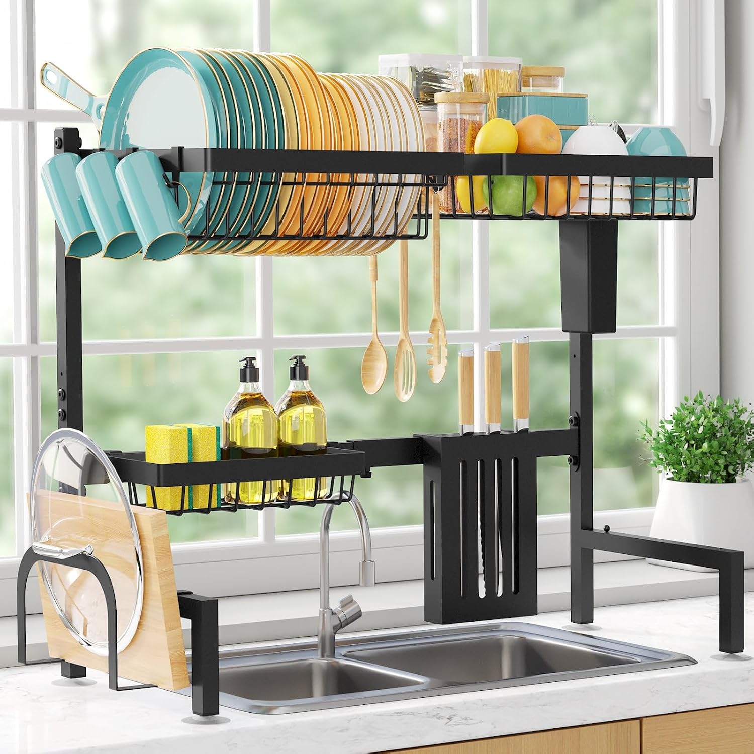 The Sink Dish Drying Rack - Adjustable 2 Tier Large Capacity Stainless Steel Drainer with Cutlery & Utensil Holders, Kitchen Storage & Organization