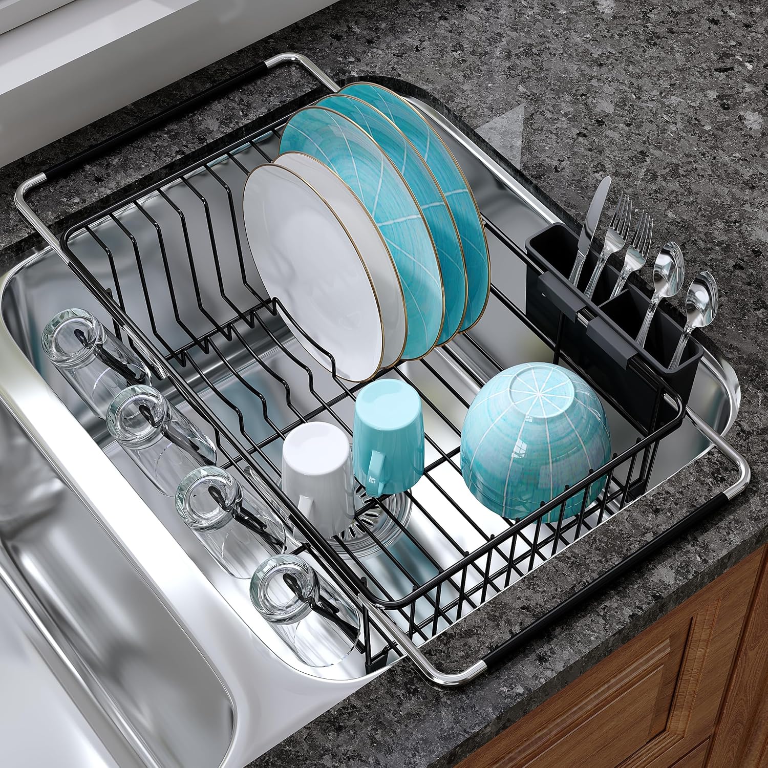Dish Drying Rack in Sink, Dish Drainer with Cup and Utensil Holder