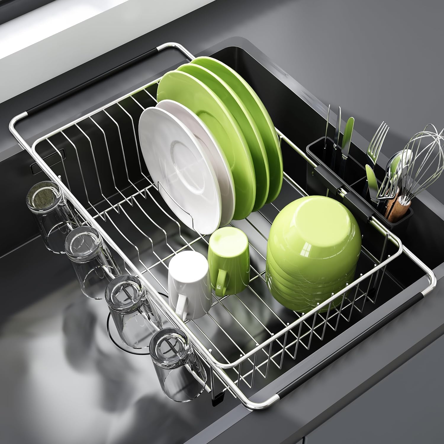 Dish Drying Rack in Sink, Dish Drainer with Cup and Utensil Holder
