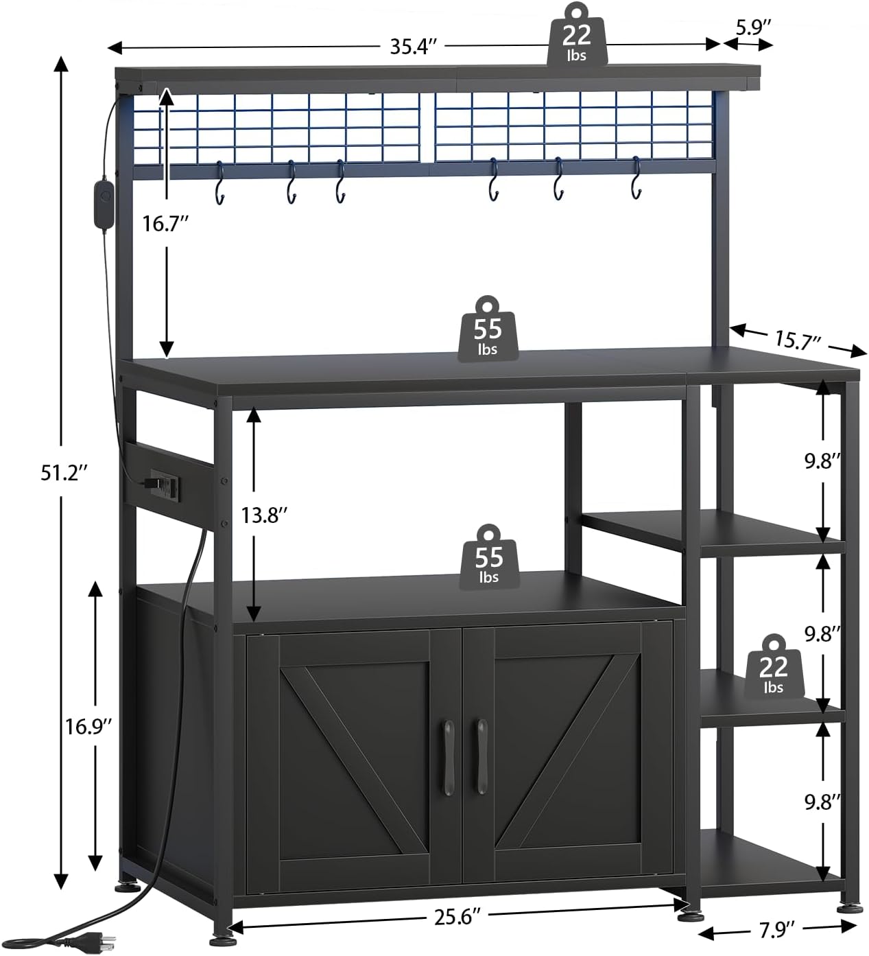 Bakers Rack with Power Outlet and LED Light