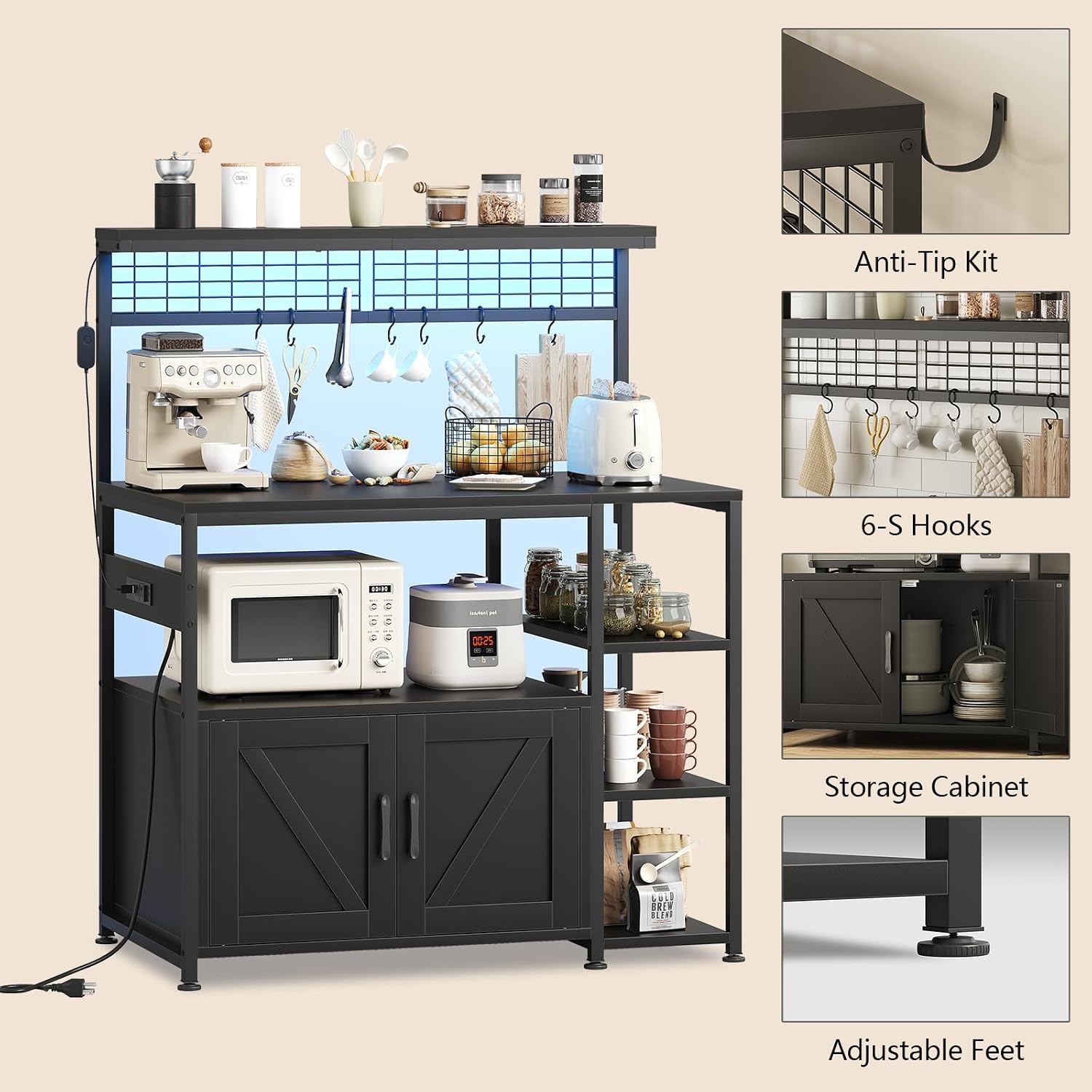 Bakers Rack with Power Outlet and LED Light