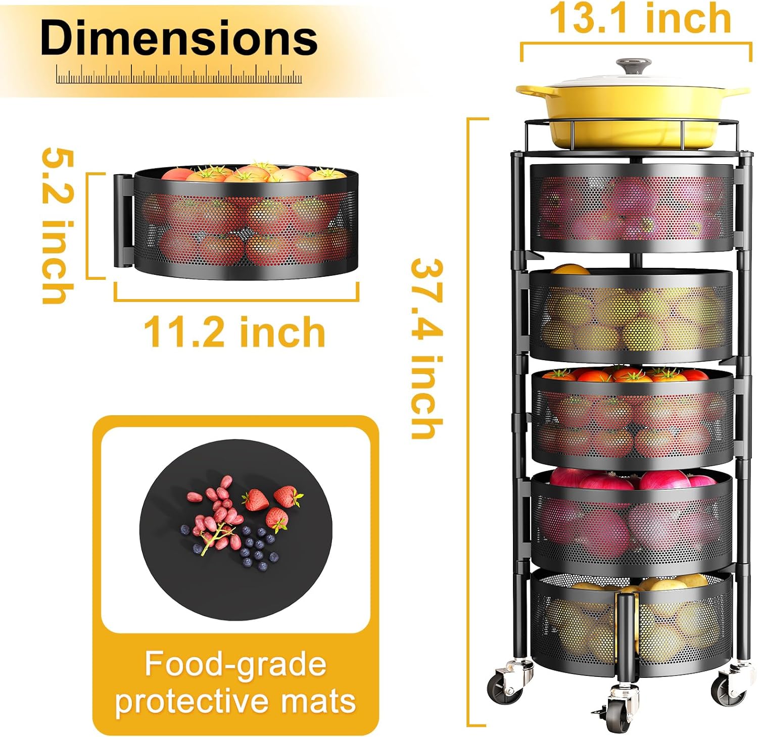 Fruit and Vegetable Basket Bowls for Kitchen with Metal Top Lid, 5 Tier Rotating Storage Rack Cart for Potato Onion Bread Banana, Wire Basket Organizer on Wheels
