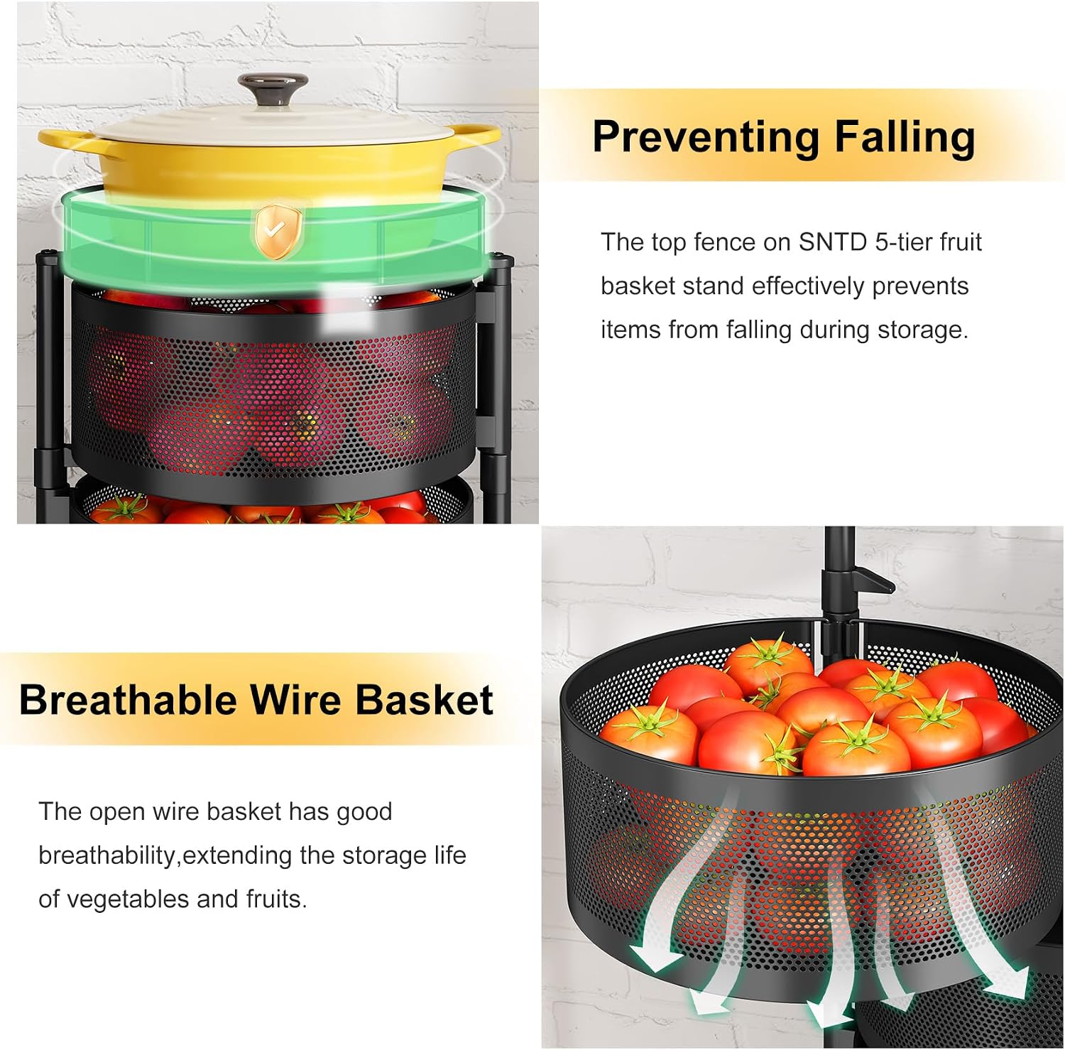 Fruit and Vegetable Basket Bowls for Kitchen with Metal Top Lid, 5 Tier Rotating Storage Rack Cart for Potato Onion Bread Banana, Wire Basket Organizer on Wheels