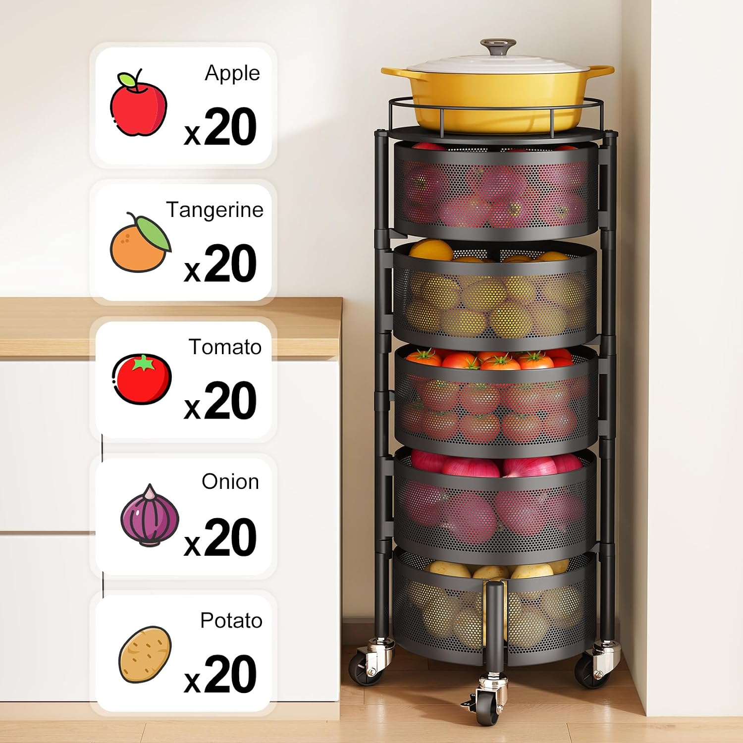 Fruit and Vegetable Basket Bowls for Kitchen with Metal Top Lid, 5 Tier Rotating Storage Rack Cart for Potato Onion Bread Banana, Wire Basket Organizer on Wheels