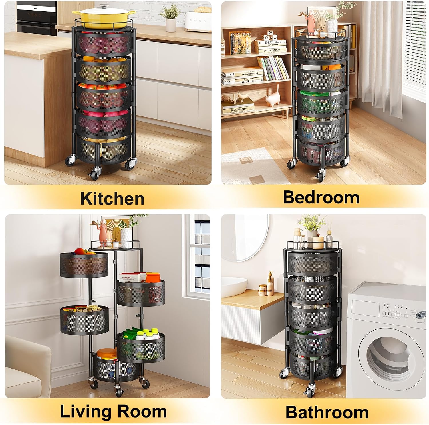 Fruit and Vegetable Basket Bowls for Kitchen with Metal Top Lid, 5 Tier Rotating Storage Rack Cart for Potato Onion Bread Banana, Wire Basket Organizer on Wheels