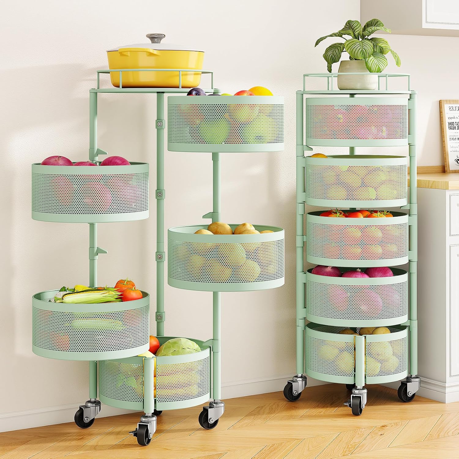 Fruit and Vegetable Basket Bowls for Kitchen with Metal Top Lid, 5 Tier Rotating Storage Rack Cart for Potato Onion Bread Banana, Wire Basket Organizer on Wheels