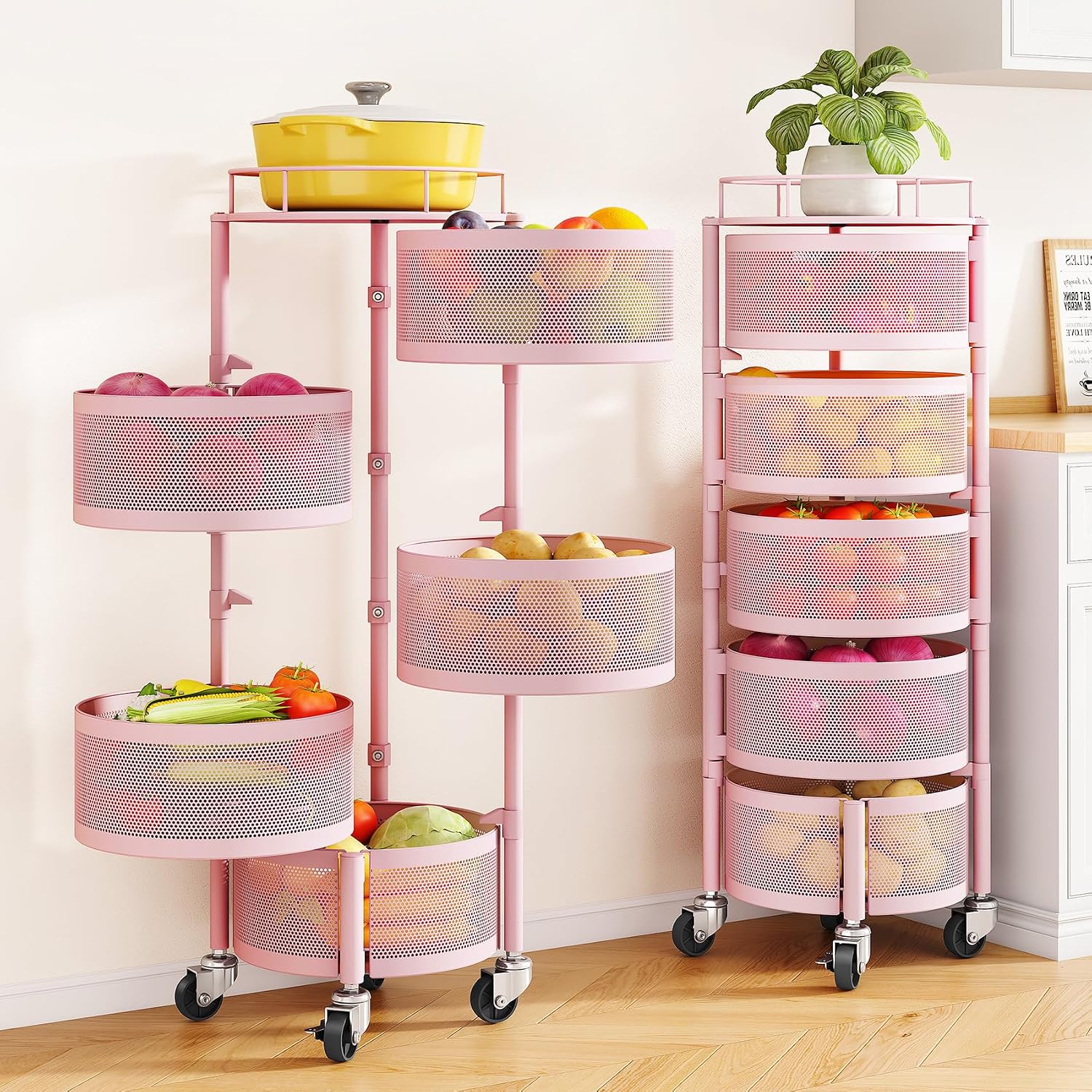 Fruit and Vegetable Basket Bowls for Kitchen with Metal Top Lid, 5 Tier Rotating Storage Rack Cart for Potato Onion Bread Banana, Wire Basket Organizer on Wheels