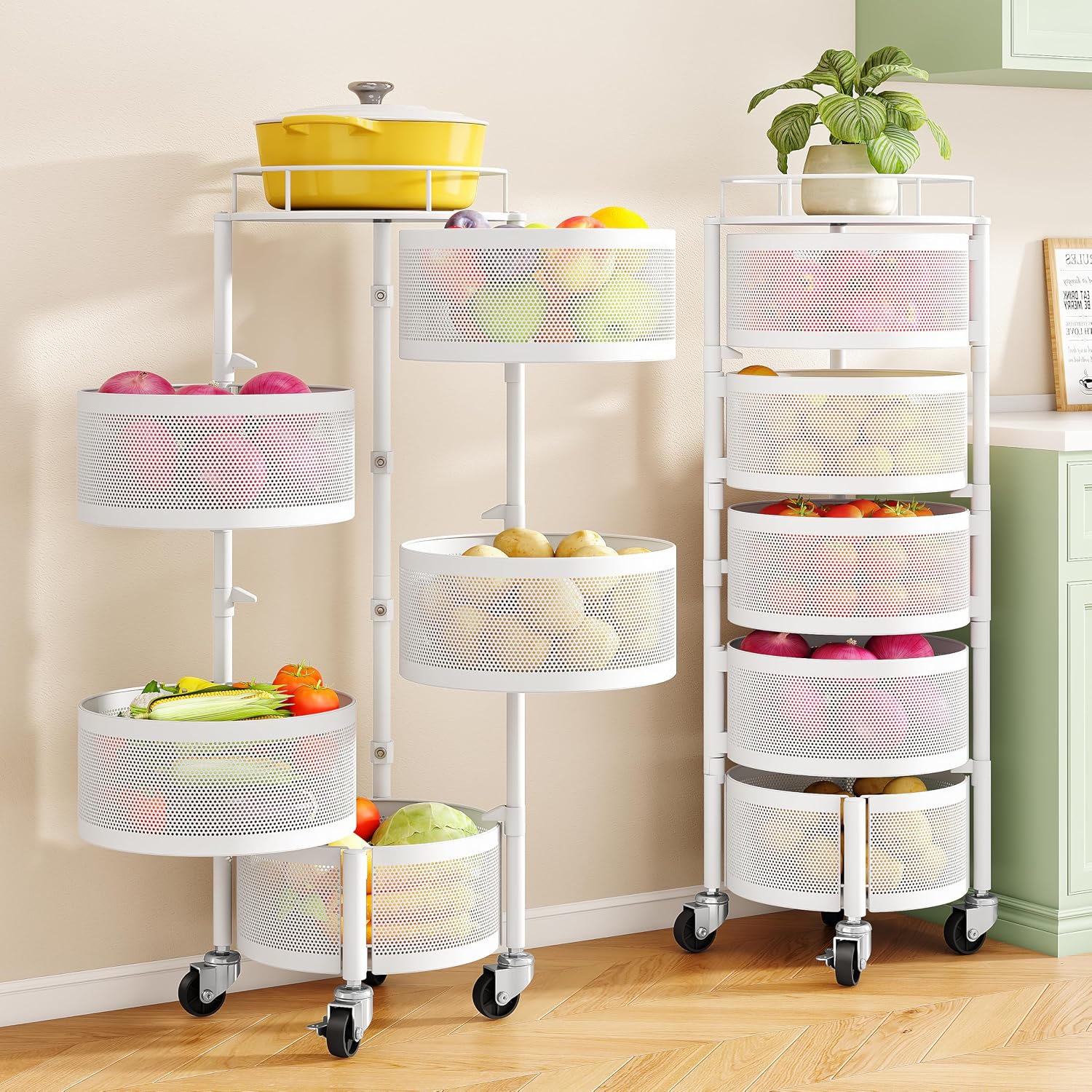 Fruit and Vegetable Basket Bowls for Kitchen with Metal Top Lid, 5 Tier Rotating Storage Rack Cart for Potato Onion Bread Banana, Wire Basket Organizer on Wheels
