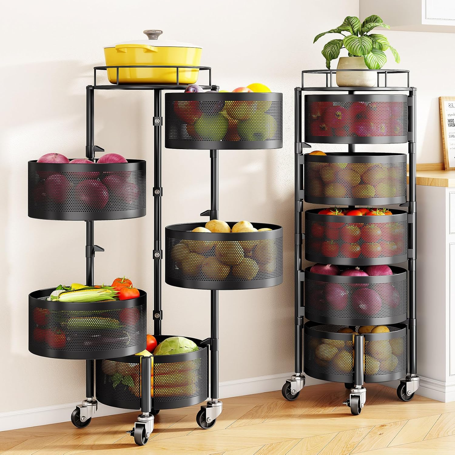 Fruit and Vegetable Basket Bowls for Kitchen with Metal Top Lid, 5 Tier Rotating Storage Rack Cart for Potato Onion Bread Banana, Wire Basket Organizer on Wheels
