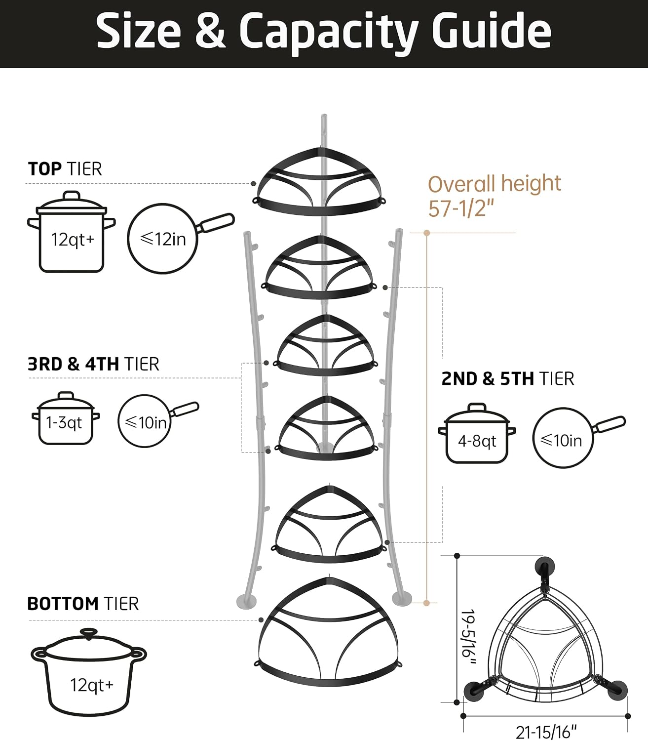 264 Lbs Capacity Freestanding Pot Rack, 6-Tier Cast Iron Cookware Stand with 6 Hooks, Pots and Pans Storage Tower for Kitchen