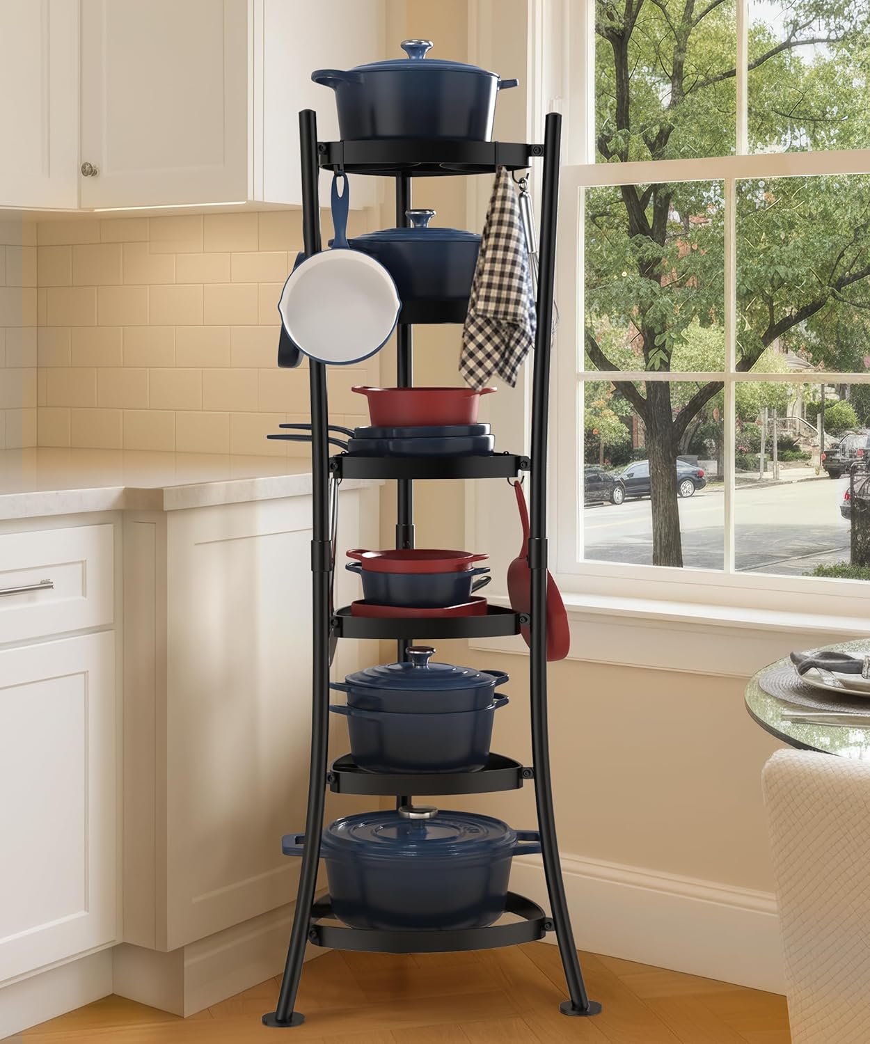 264 Lbs Capacity Freestanding Pot Rack, 6-Tier Cast Iron Cookware Stand with 6 Hooks, Pots and Pans Storage Tower for Kitchen