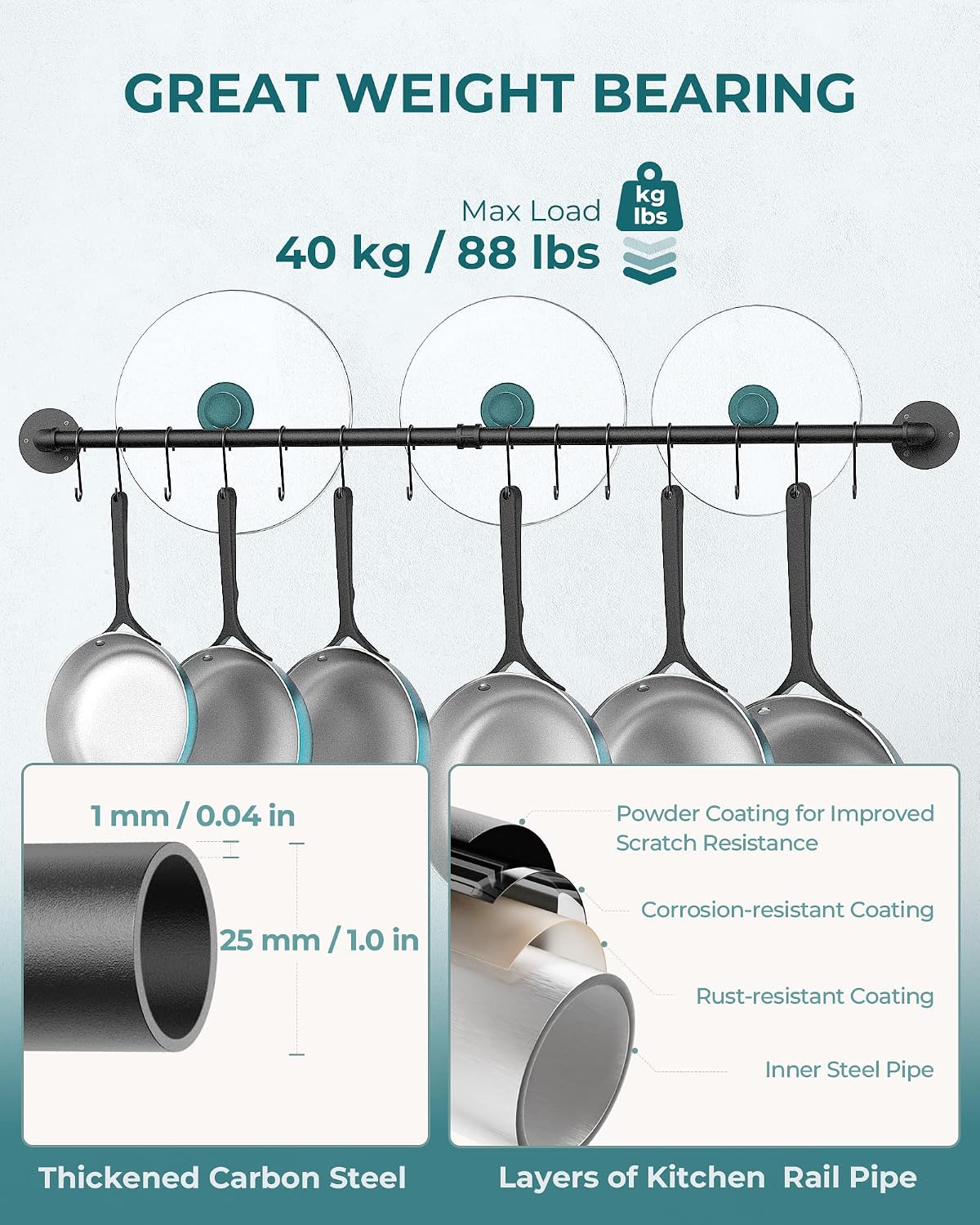 38'' Pot Rack Wall Mounted, Iron Pipe Hanging Pot Rack, 14 S Hooks
