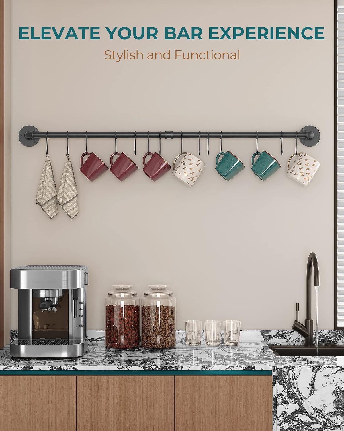 38'' Pot Rack Wall Mounted, Iron Pipe Hanging Pot Rack, 14 S Hooks