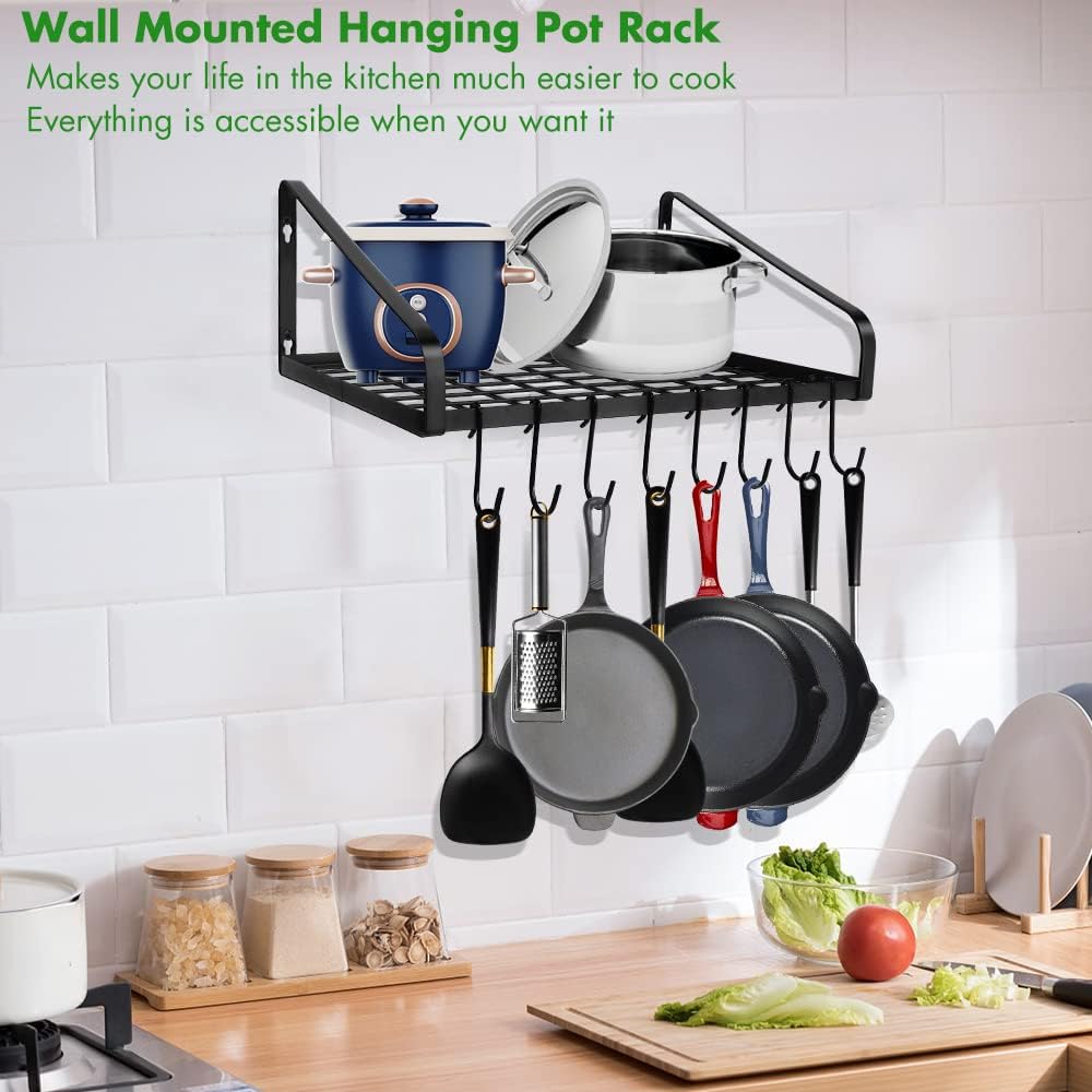 Hanging Pots & Pans Rack,Wall Mounted Pots Pans Organizer Holder Rack with 8 Hooks