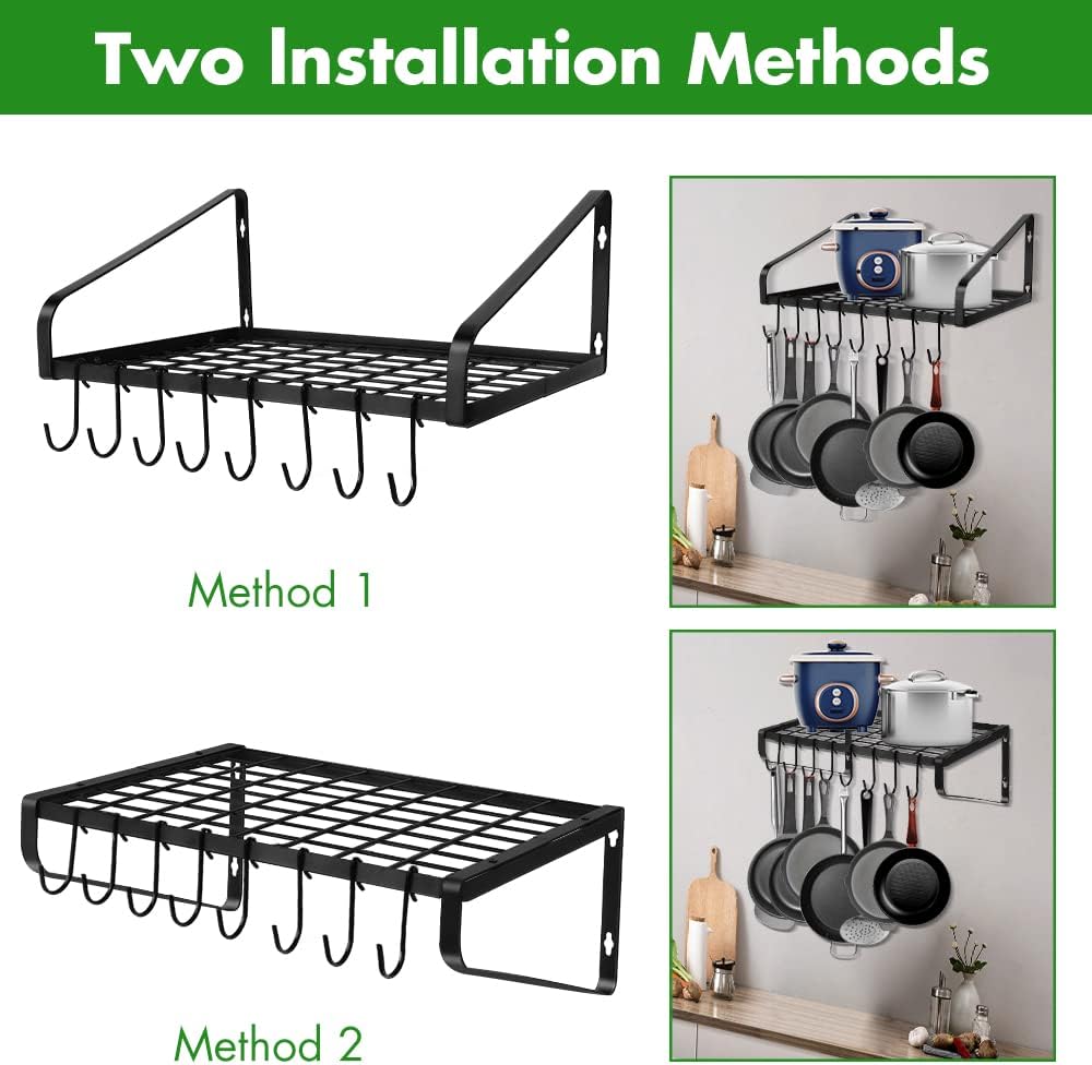 Hanging Pots & Pans Rack,Wall Mounted Pots Pans Organizer Holder Rack with 8 Hooks