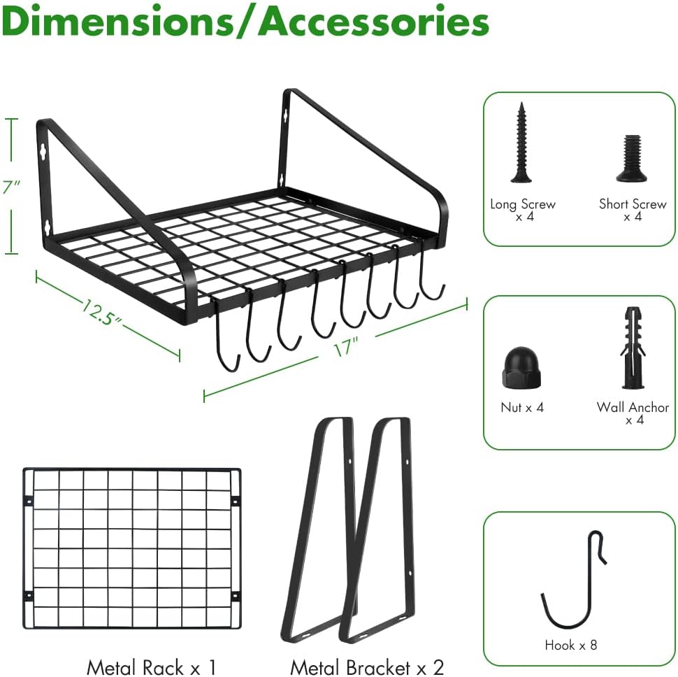 Hanging Pots & Pans Rack,Wall Mounted Pots Pans Organizer Holder Rack with 8 Hooks
