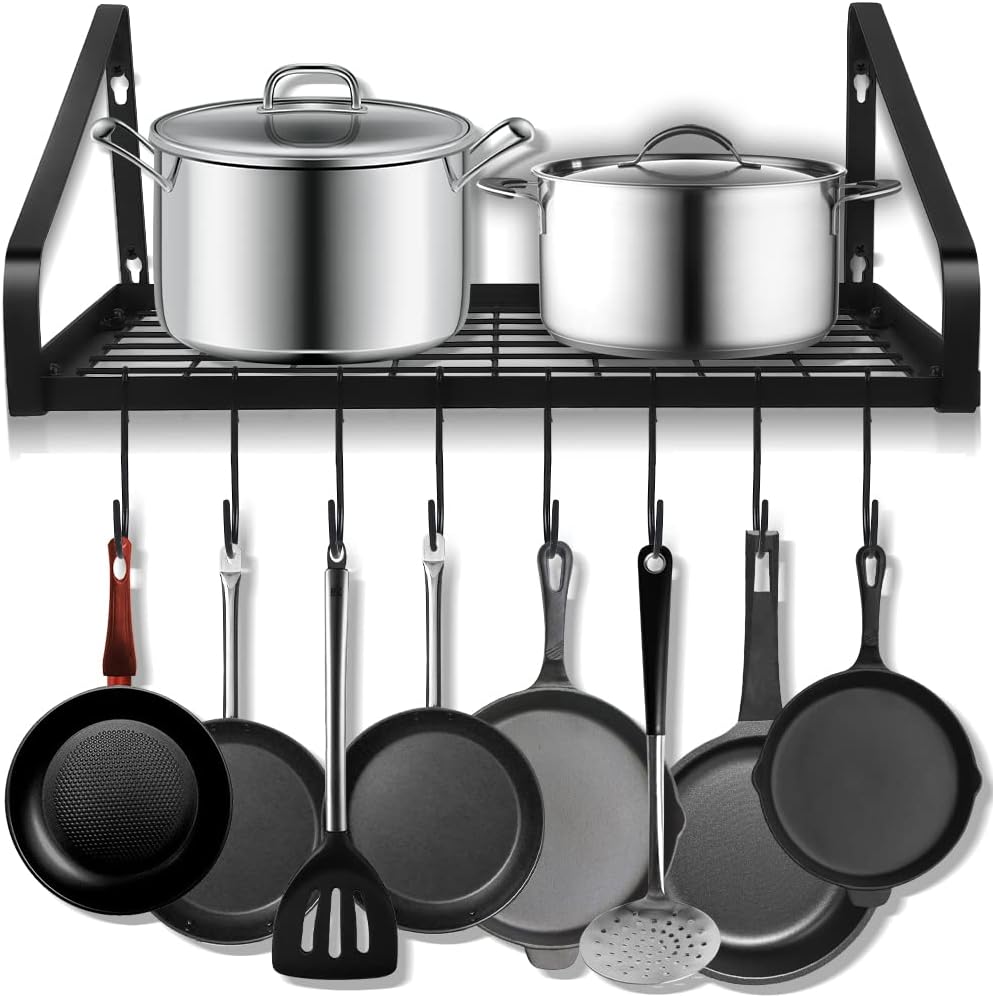 Hanging Pots & Pans Rack,Wall Mounted Pots Pans Organizer Holder Rack with 8 Hooks