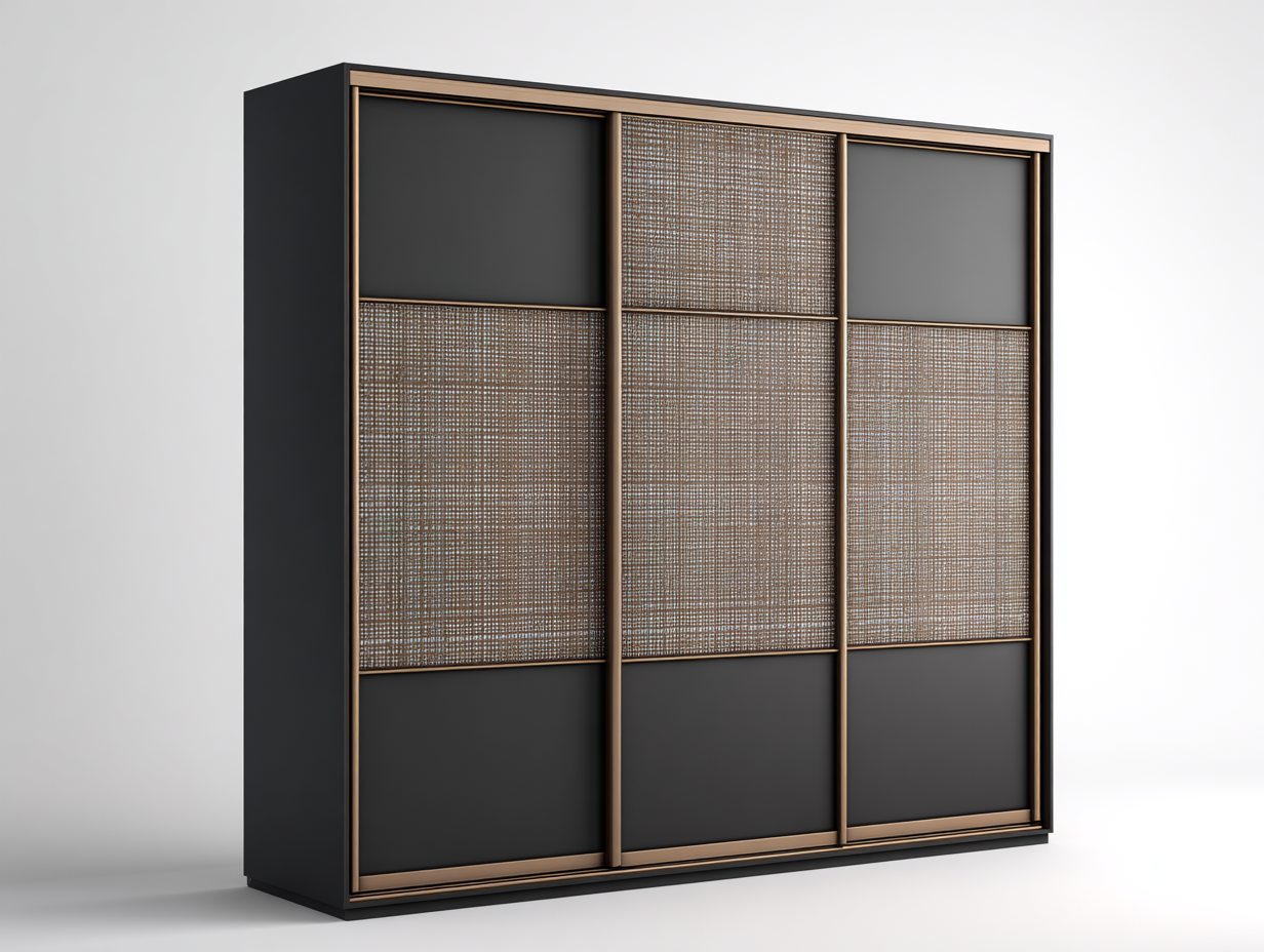 Armario con puertas correderas madera y panel decorativo 230x62x215 cm-negro/marrón-diseño moderno para dormitorio-Luxeuphub