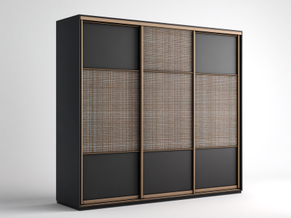 Armario con puertas correderas madera y panel decorativo 230x62x215 cm-negro/marrón-diseño moderno para dormitorio-Luxeuphub