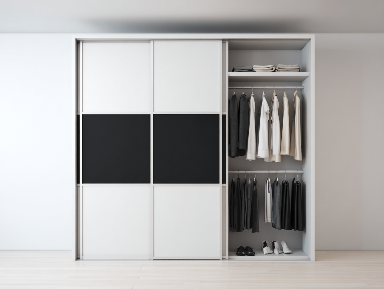 Armario con puertas correderas madera y vidrio 200x60x220 cm-blanco/negro-diseño moderno para dormitorio-Luxeuphub