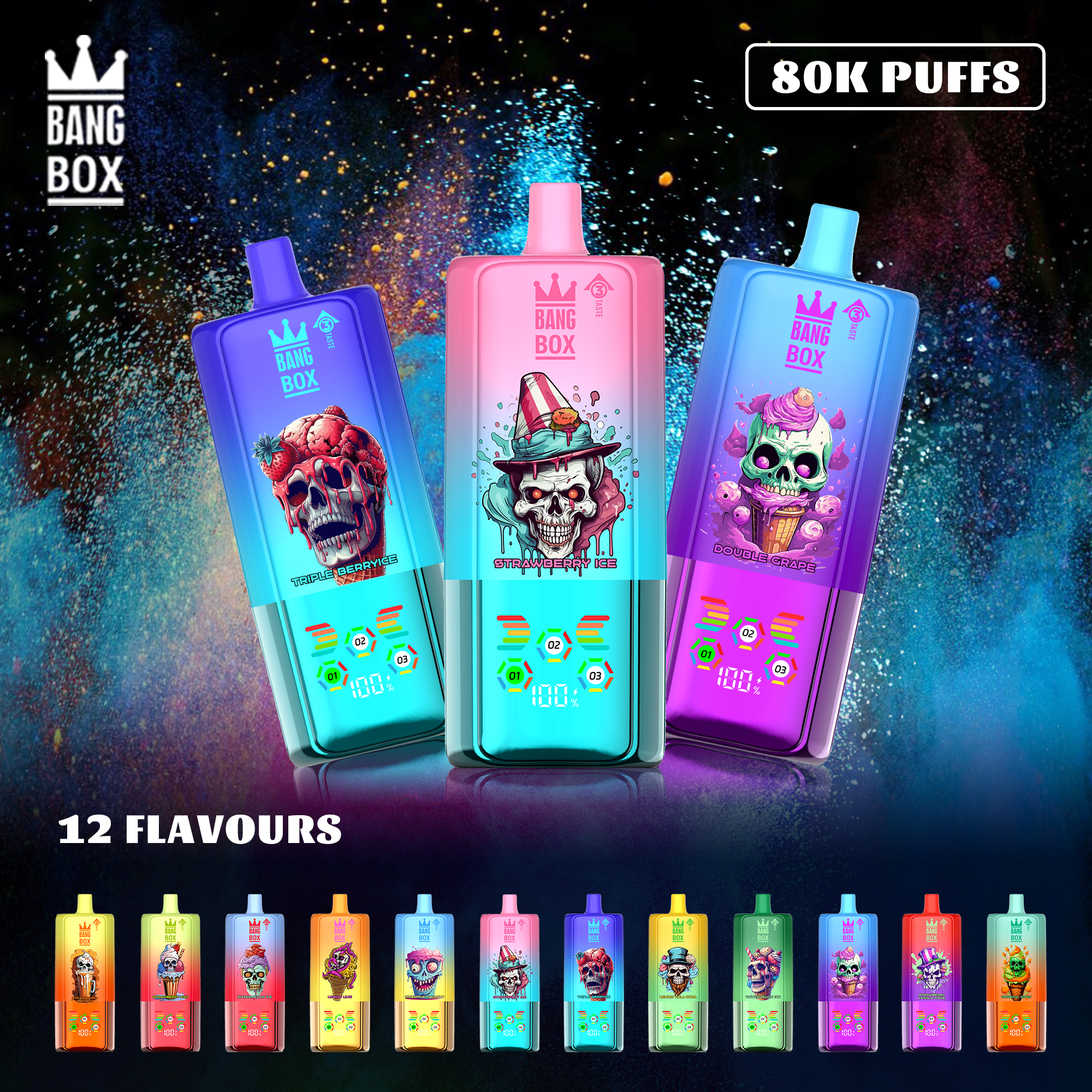 BANG BOX 80000 Puffs 3 in1 Flavor Disposable Vape - Double Grape + Strawberry Mango + Blueberry Sour Raspberry Ice