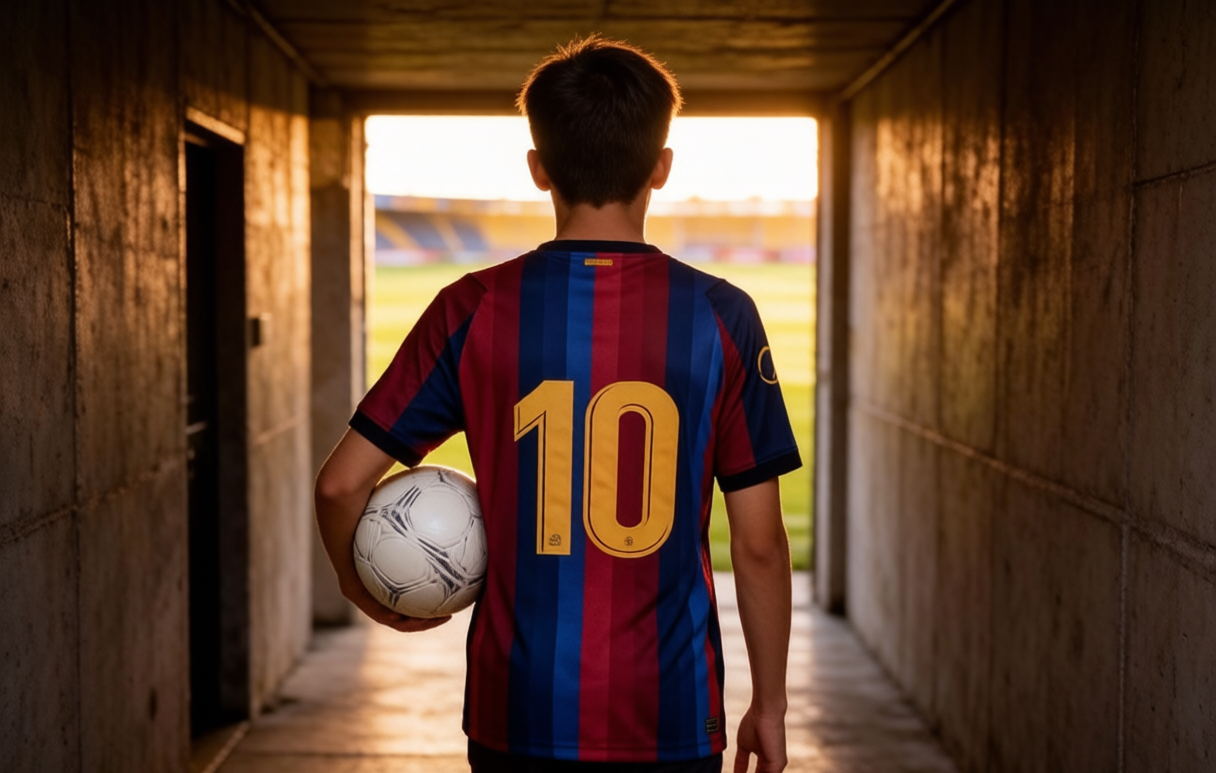 Young fan walking through the tunnel in a Barcelona No.10 shirt