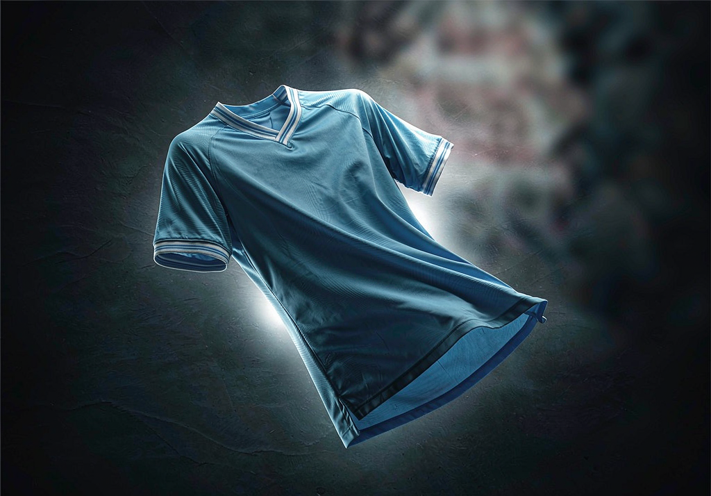 Man City 2026-27 home shirt on dark concrete with sky blue and navy details