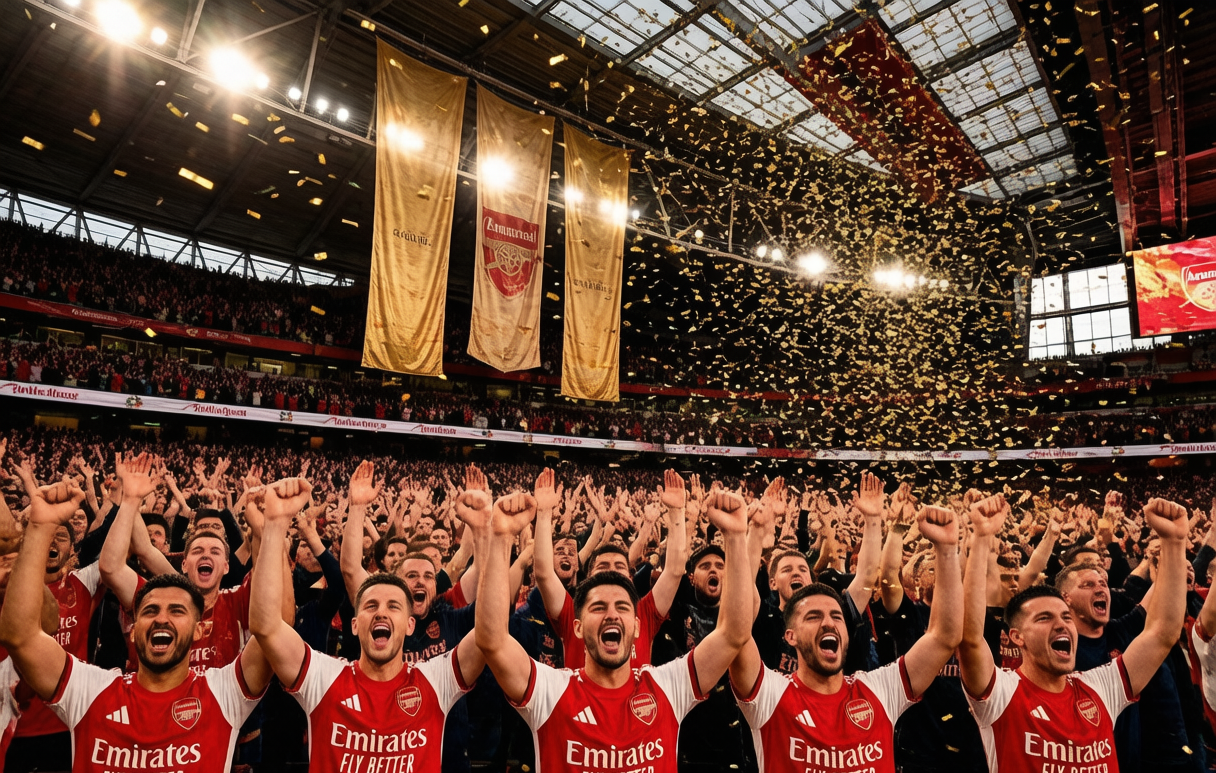 Arsenal fans celebrate at Emirates Stadium with gold confetti