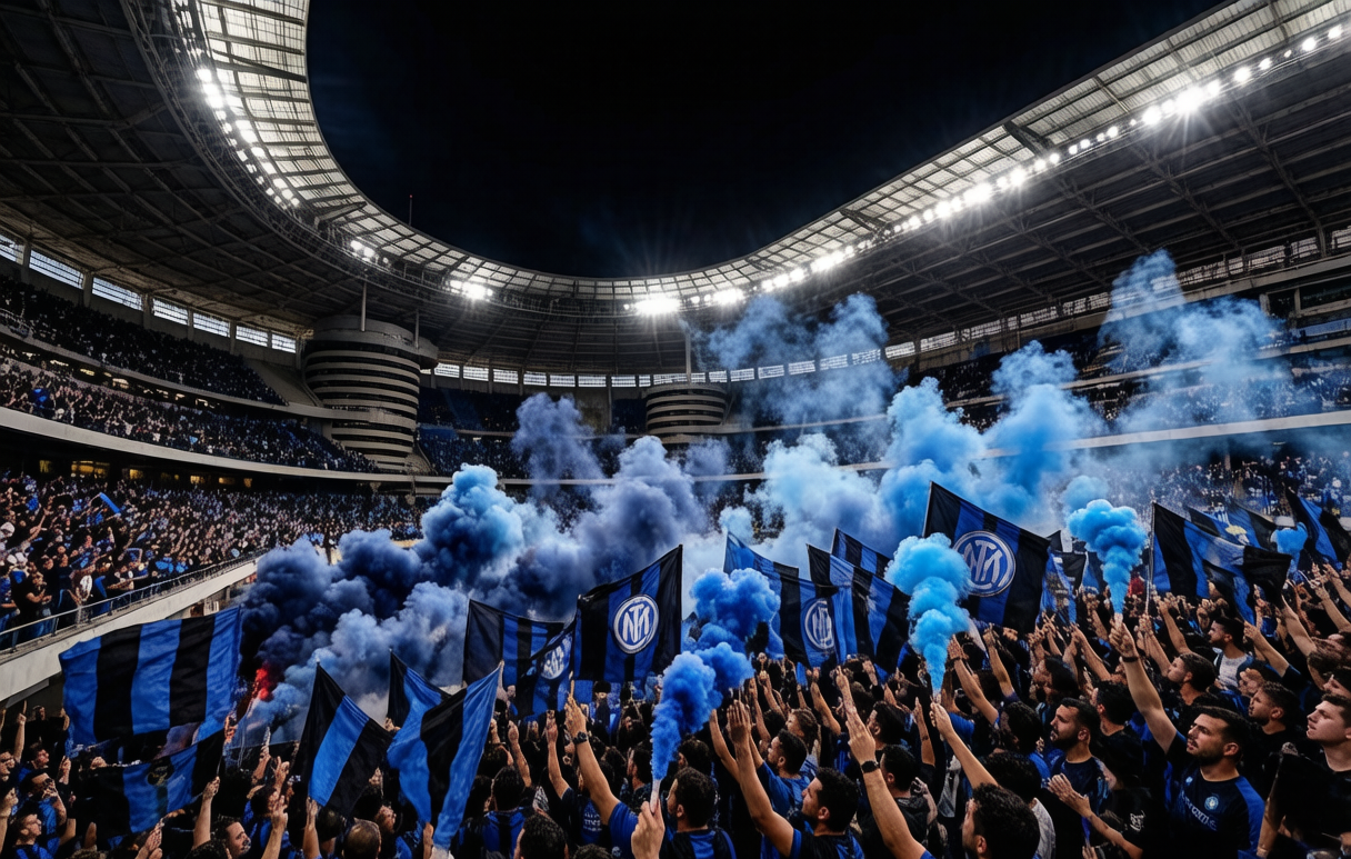 Inter Milan fans fill San Siro under the floodlights in blue and black