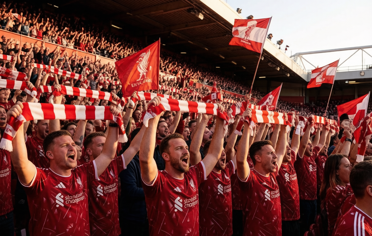 Liverpool fans on the Kop wearing the 2026-27 home shirt