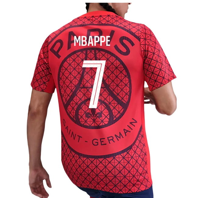 2025-2026 PSG Academy Pro Away Pre Match Shirt (Red) (Mbappe 7)-SoccerKits Hub | Buy Soccer Jerseys Online