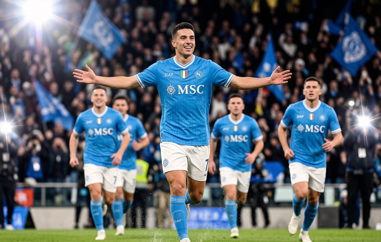 Napoli player celebrating a goal in front of the Curva