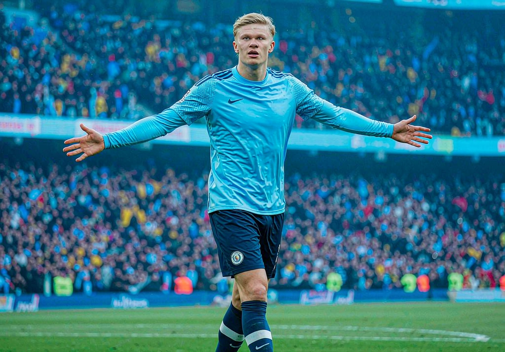 Haaland celebrating at Etihad Stadium
