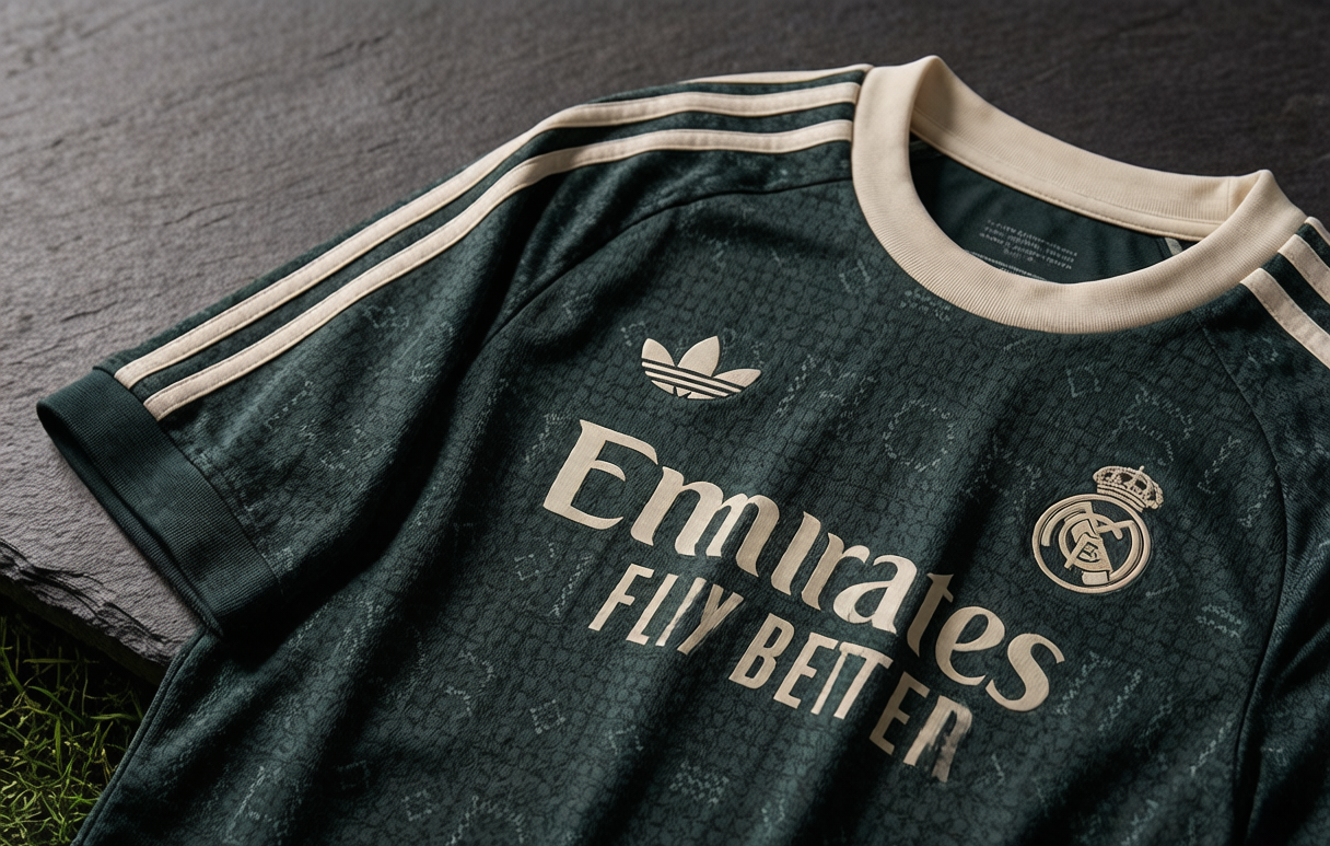 Close-up of the dark ivy green Real Madrid 2026-27 away jersey