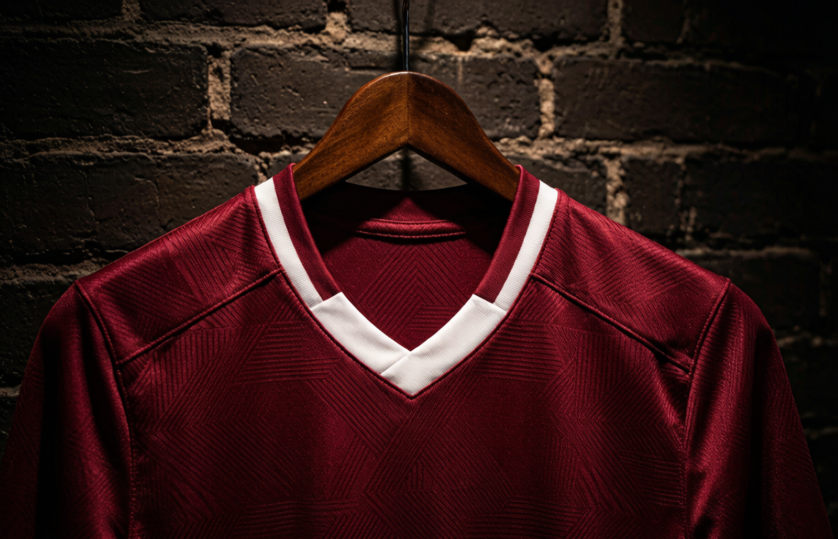 A football jersey on a hanger showing the quality and detail of 2026-27 season kits