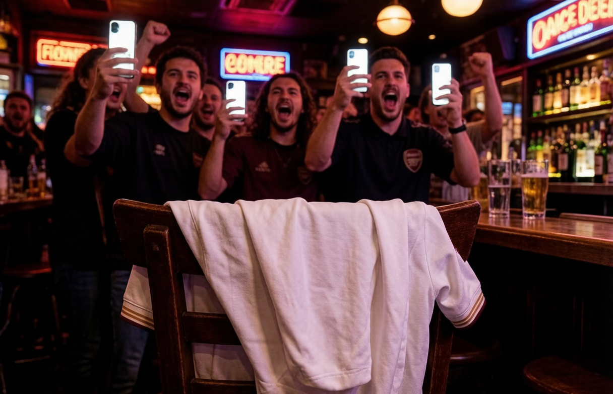 Fans in a sports bar watch transfer deadline day news on their phones