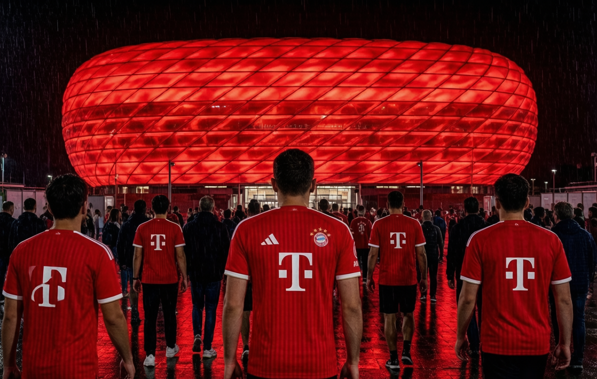 Bayern fans walking towards the red-glowing Allianz Arena
