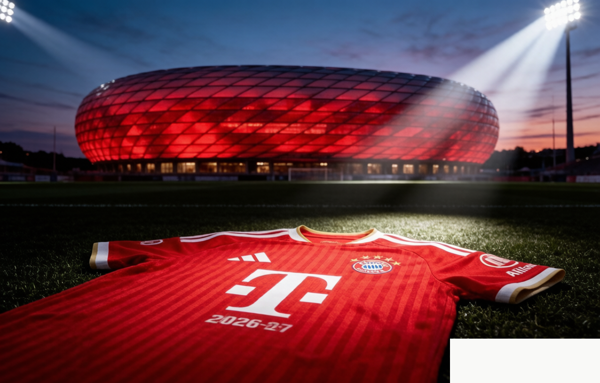 Bayern Munich 2026-27 home jersey at Allianz Arena before Stuttgart opener