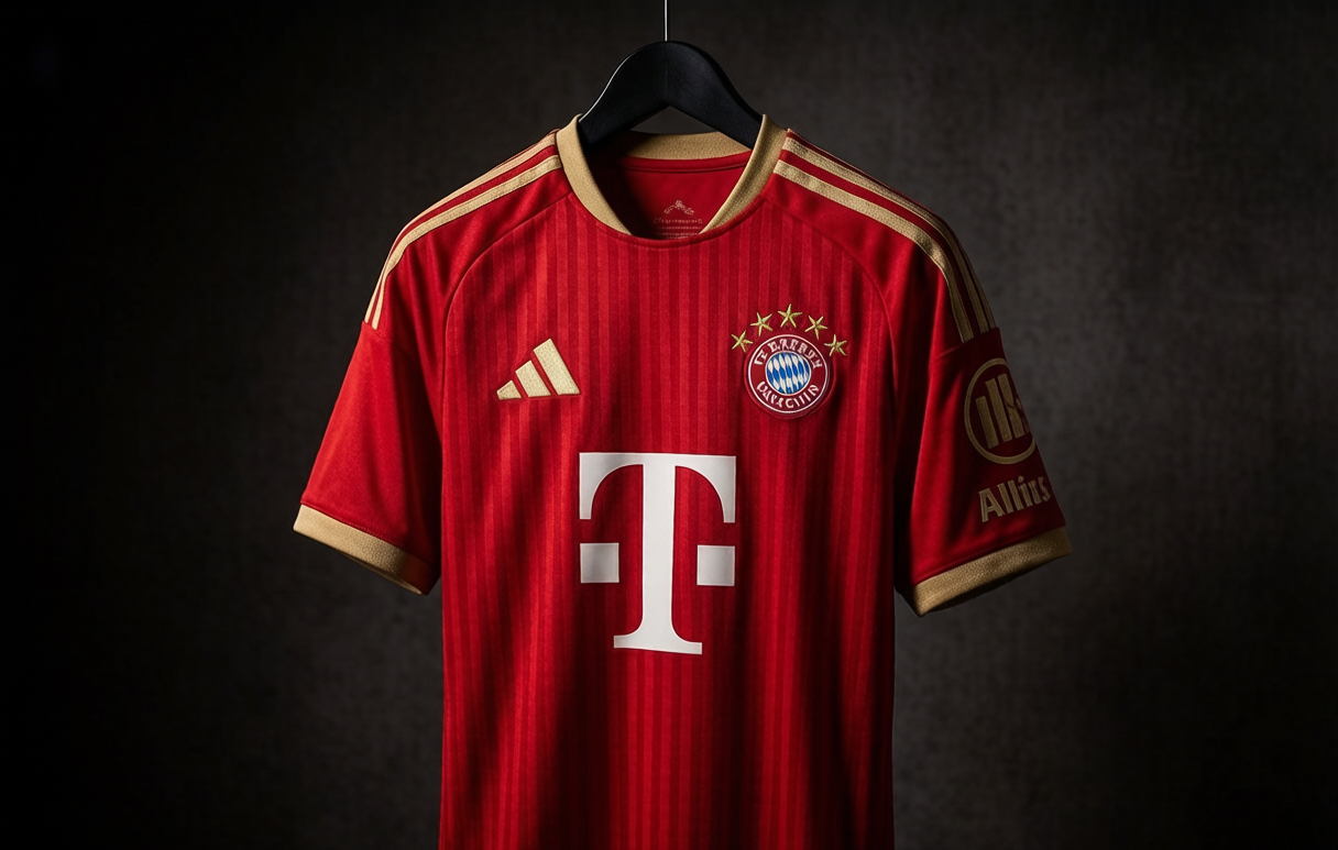 Close-up of the 2026-27 Bayern Munich home jersey in classic red
