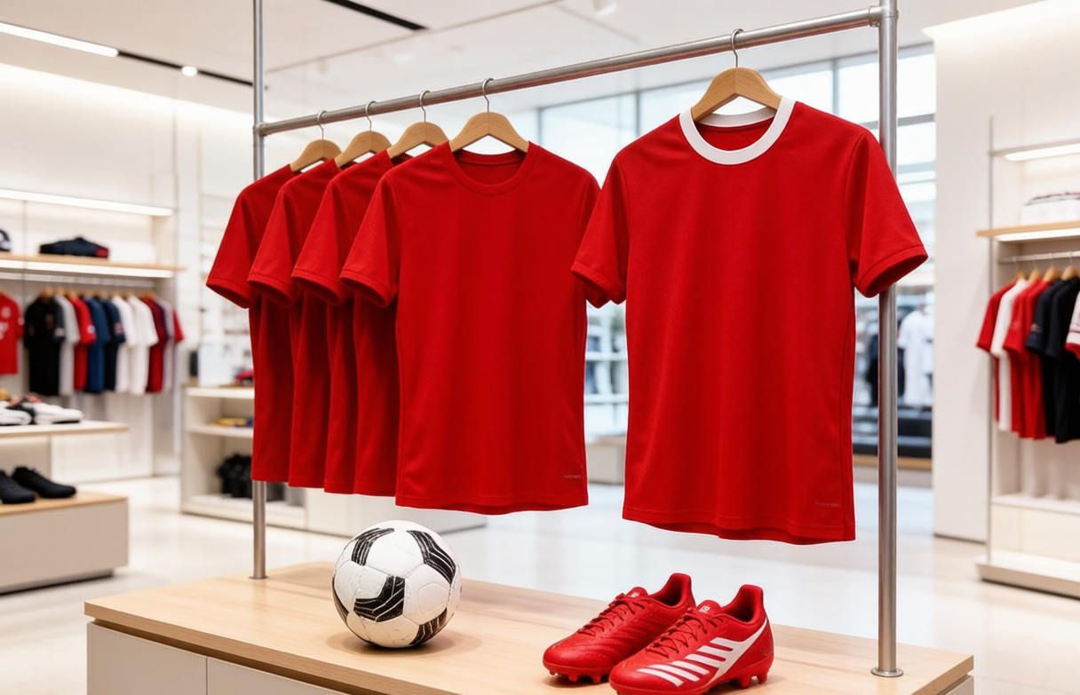 New 2026-27 football jerseys on display in a club store
