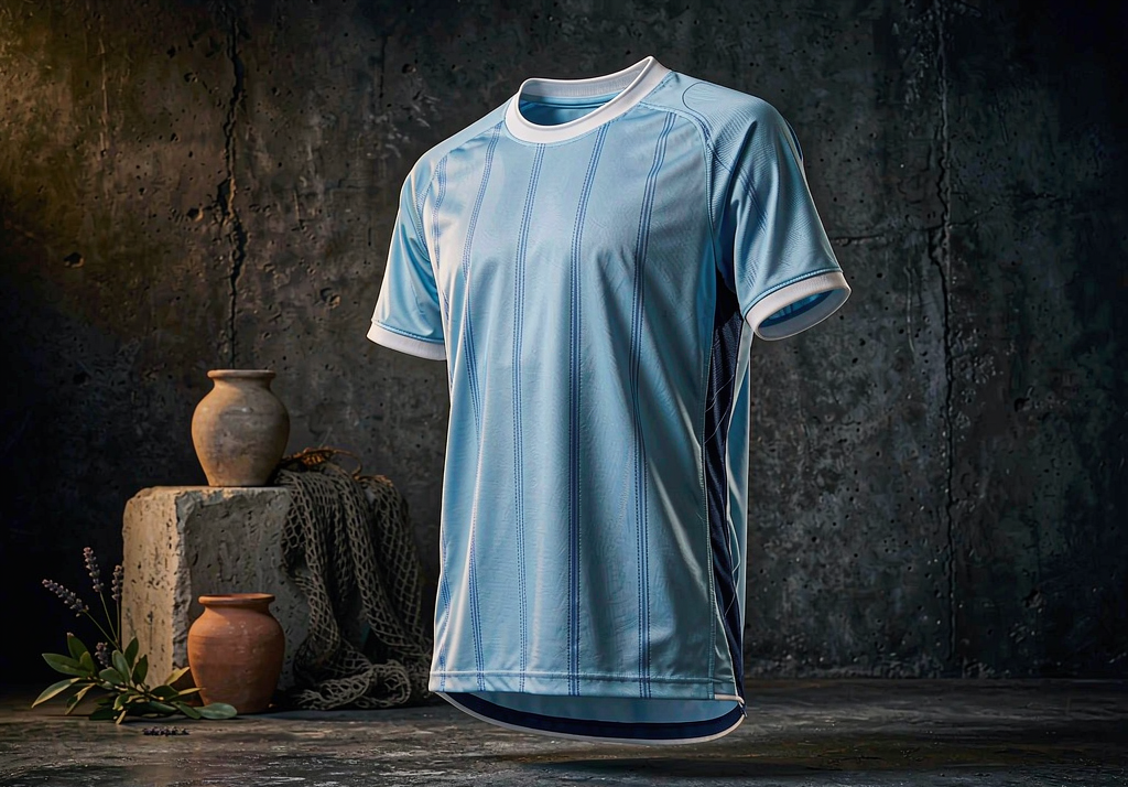 Marseille 2026-27 home shirt on dark concrete with light blue and white details
