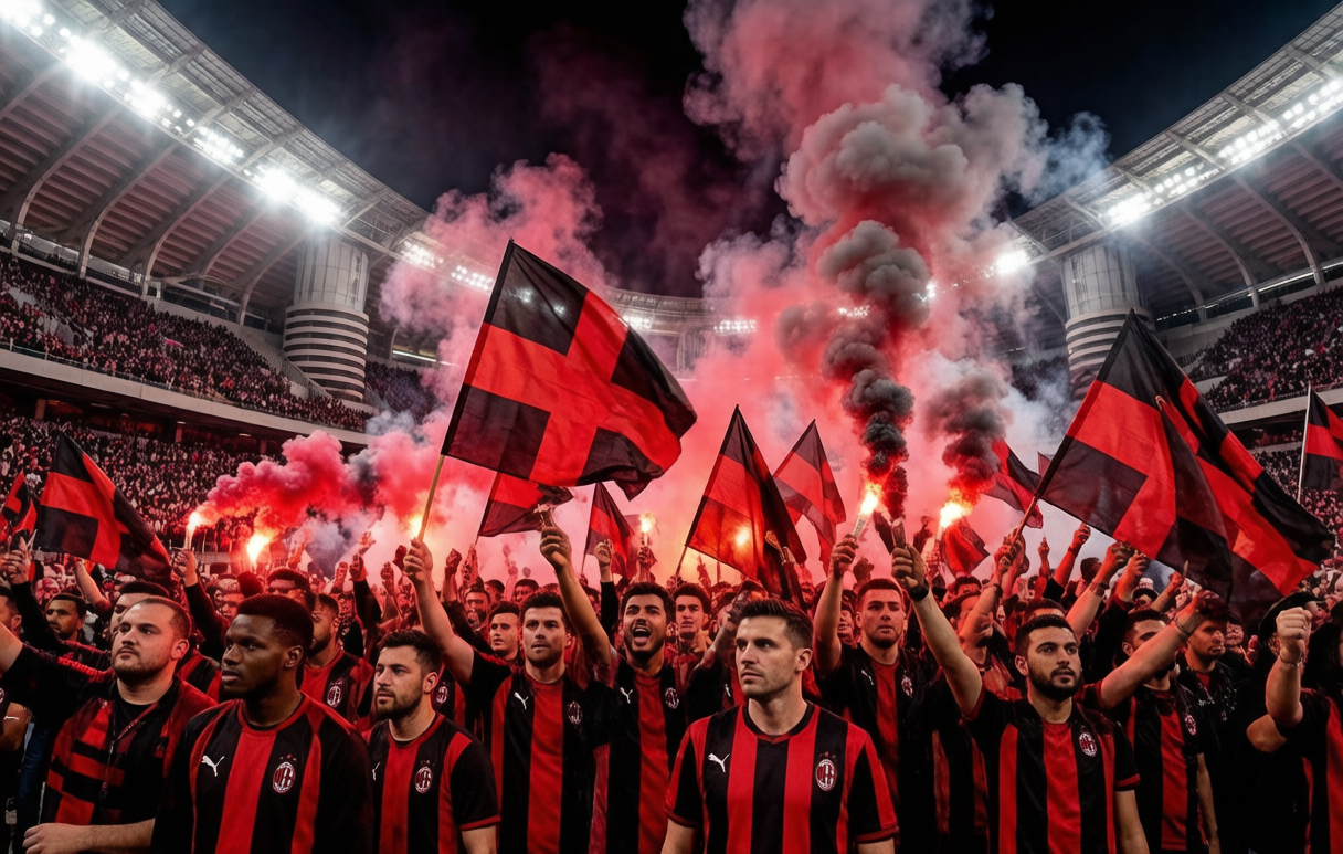 AC Milan fans at San Siro with red-black flags and flares