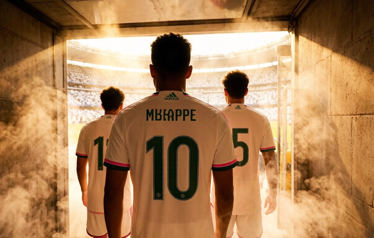 Real Madrid players wearing the 2026-27 home kit walking out of the tunnel