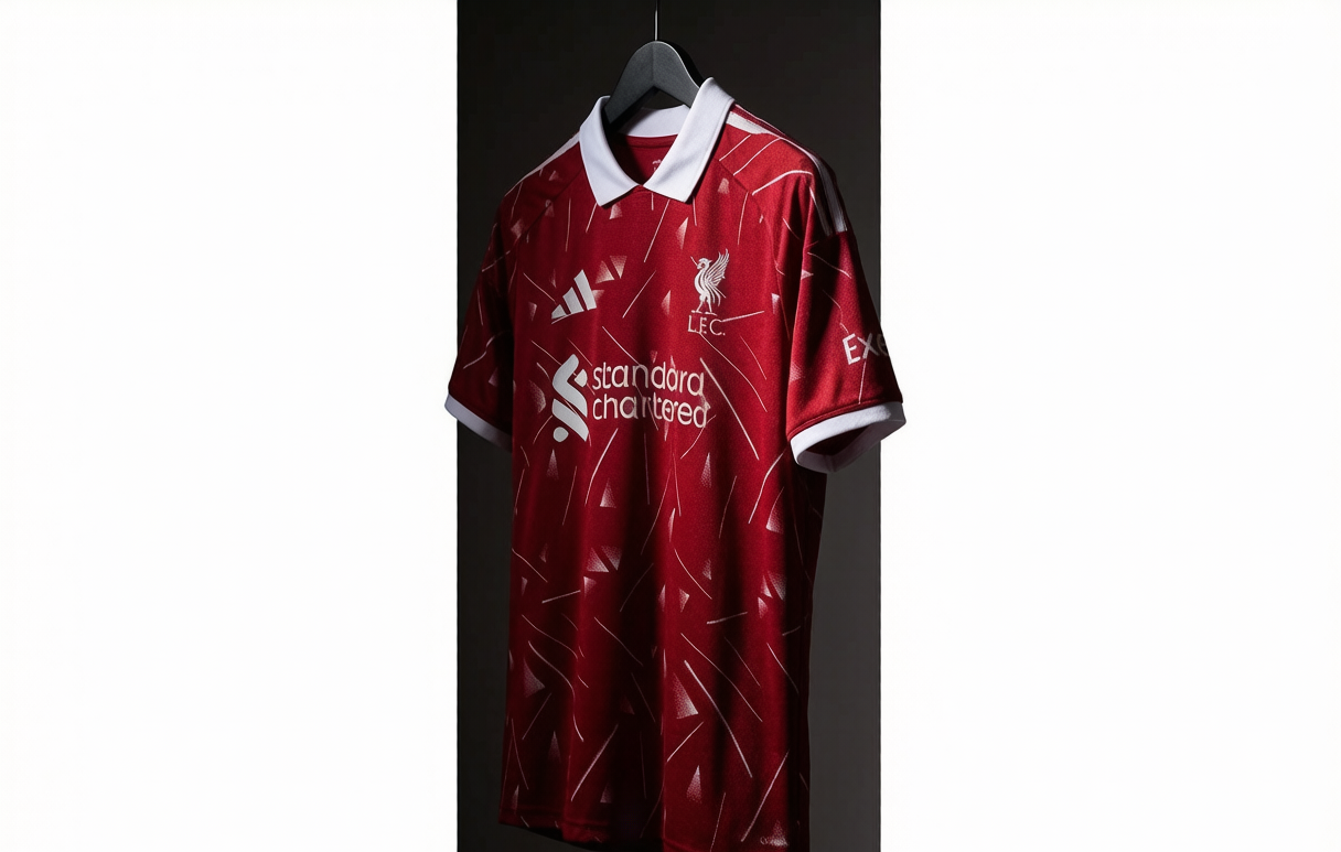 Close-up of the 2026-27 Liverpool home jersey with 1989-91 tribute pattern
