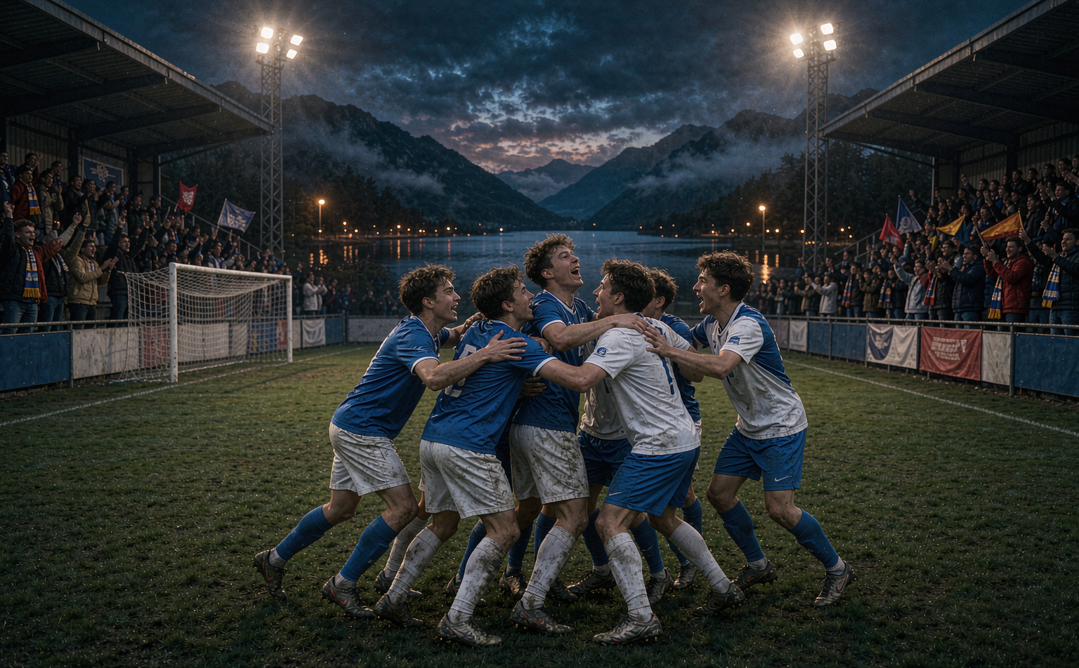 Como player celebrating a goal with lake and mountains visible beyond the stadium