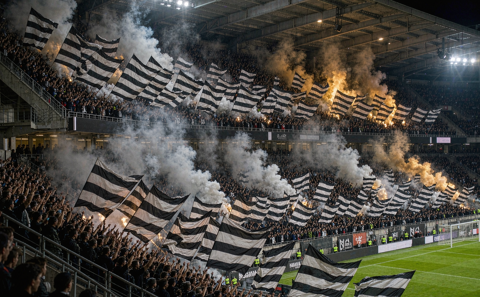 Juventus fans at Allianz Stadium with black-white flags and gold smoke