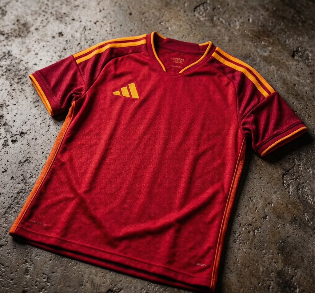 AS Roma home shirt on dark concrete with red and gold details